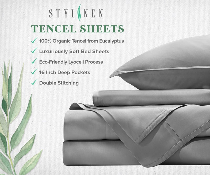Stylinen 100% Organic Eucalyptus Bed Sheets California King Size 4 Piece Set, Tencel Lyocell, Soft Breathable, 16 Inch Deep Pockets, 1 Fitted, 1 Flat, 2 Pillowcases (California King, Stone Grey) - Image 4